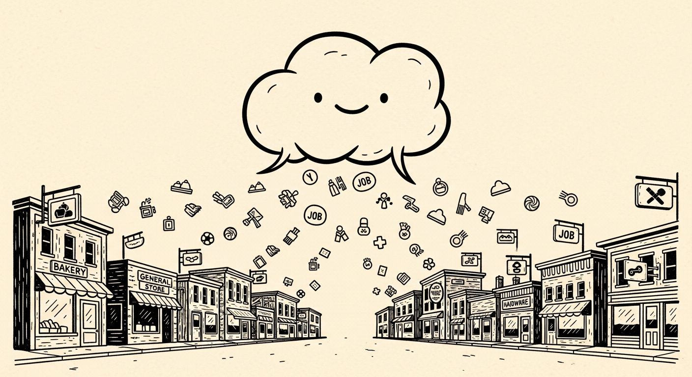 Cute cloud with a face raining various icons over a street of shops.