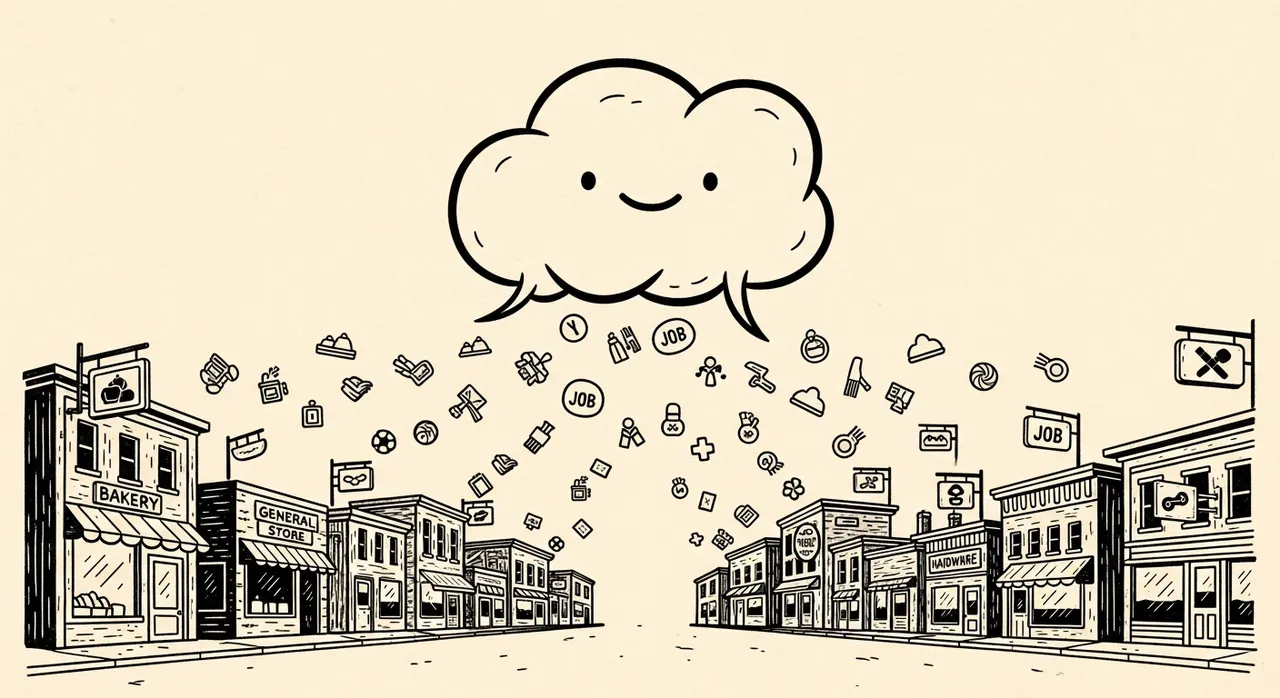Smiling cloud shares job-related icons above a cartoon town with various shops.