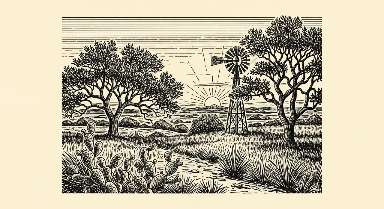 A desert landscape with windmill, cactus, trees, and a sun setting on the horizon.
