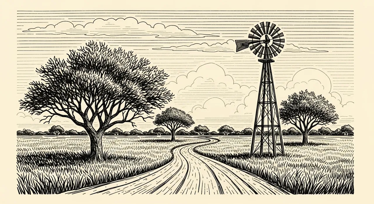 A rural scene with trees, winding path, and a windmill.