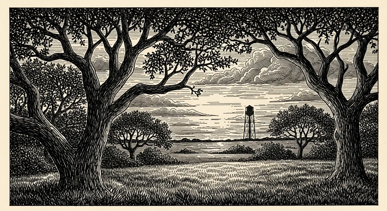 Landscape with trees, clouds, and a distant water tower.