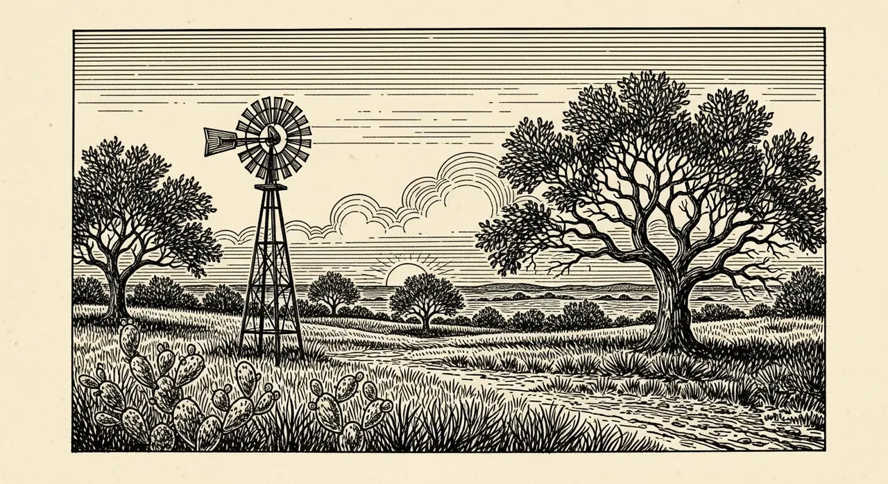 Rural landscape with a windmill, trees, and cactus at sunset.