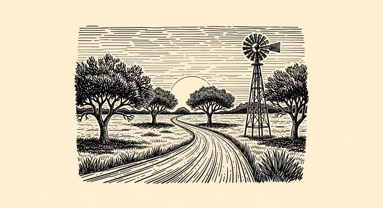 Rural scene with trees, winding road, windmill, and setting sun.