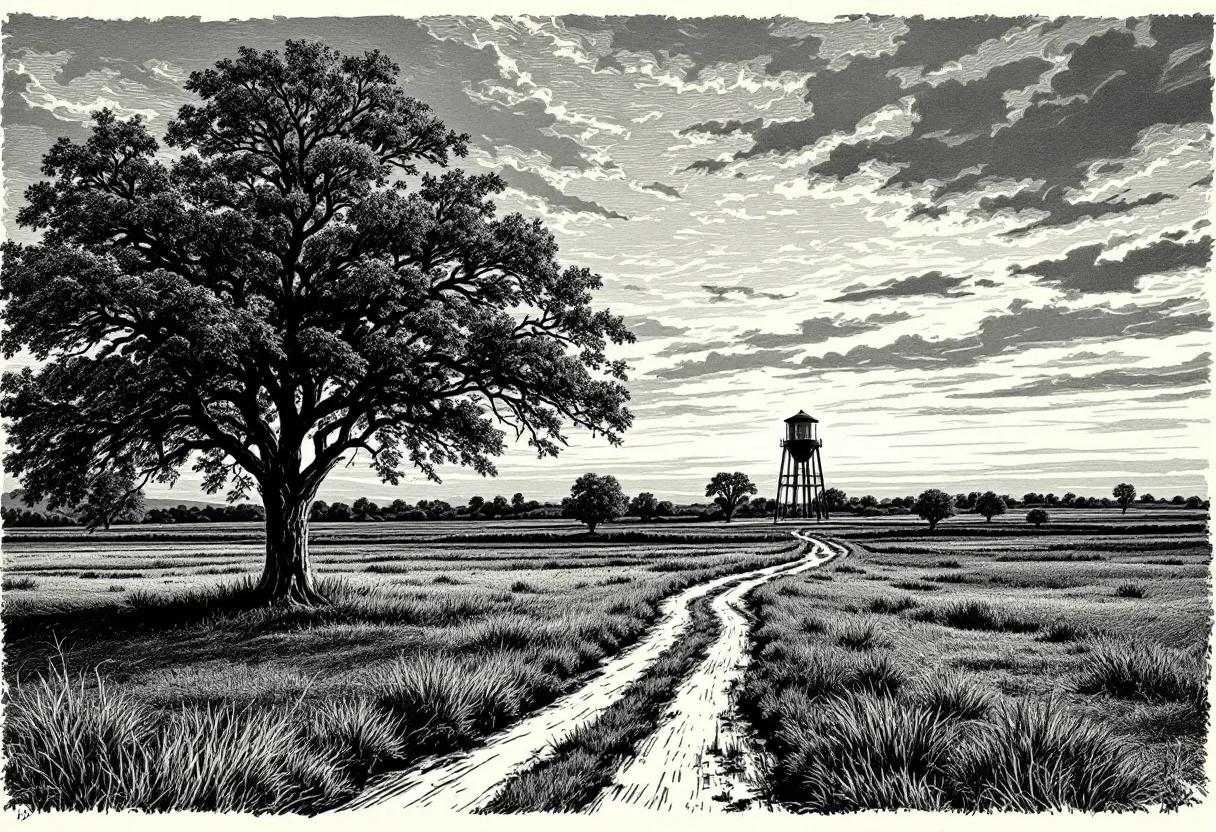 Tree on a grassy field with a water tower in the distance.