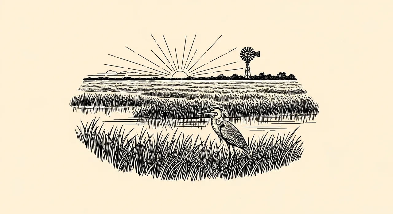 Heron stands in marshland with sunrise and windmill in the background.