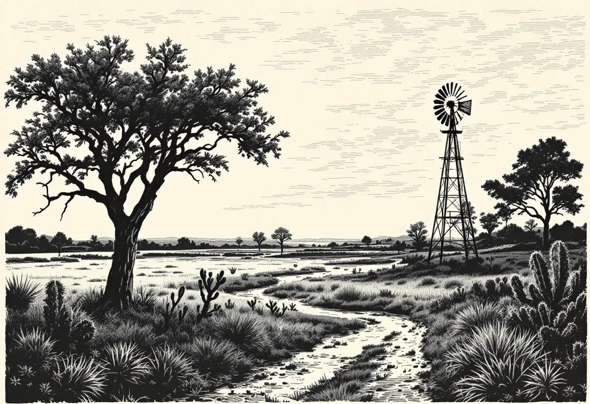 Black and white landscape with trees, grass, and a windmill.