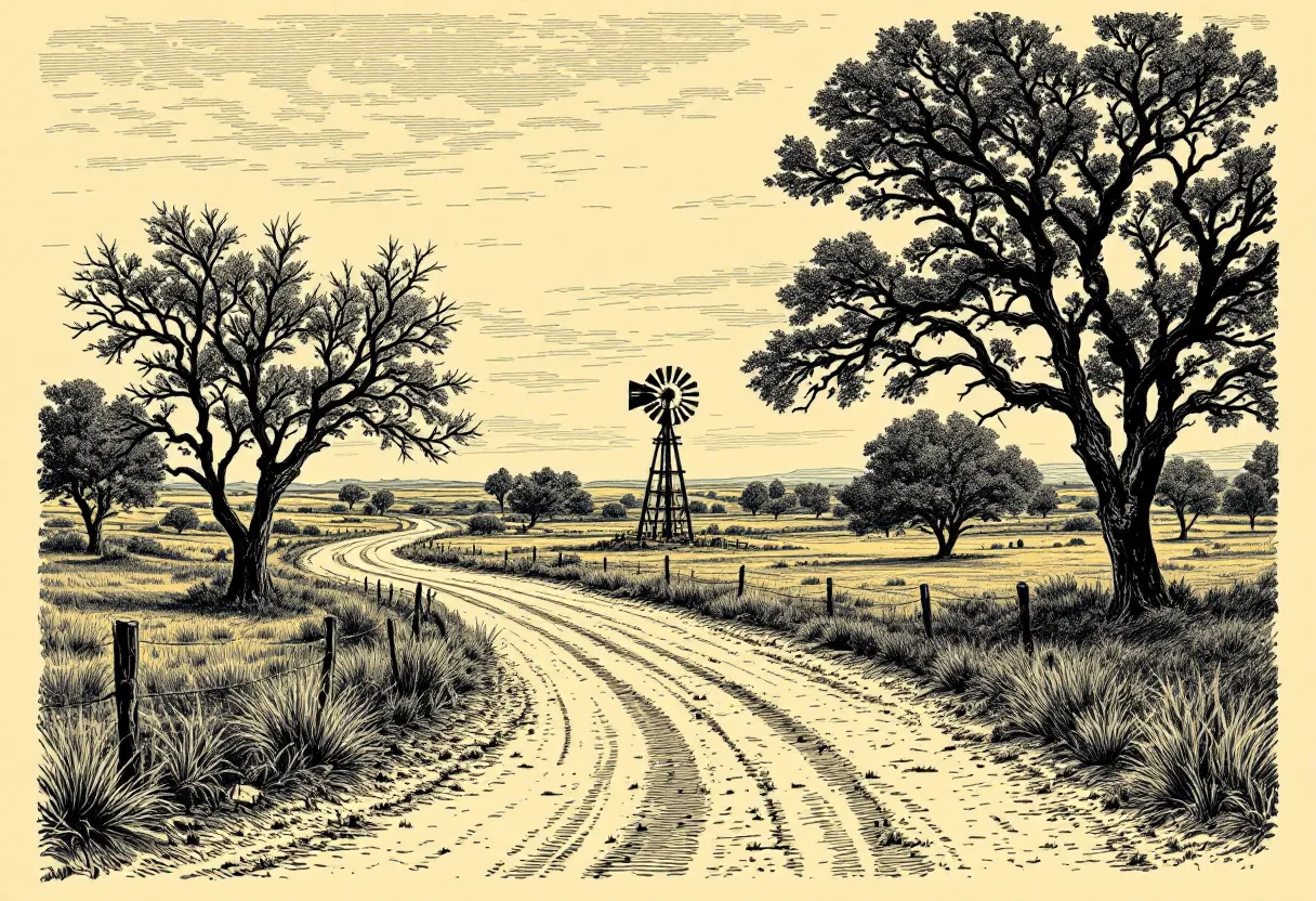 Curving dirt road through countryside with trees and a windmill.
