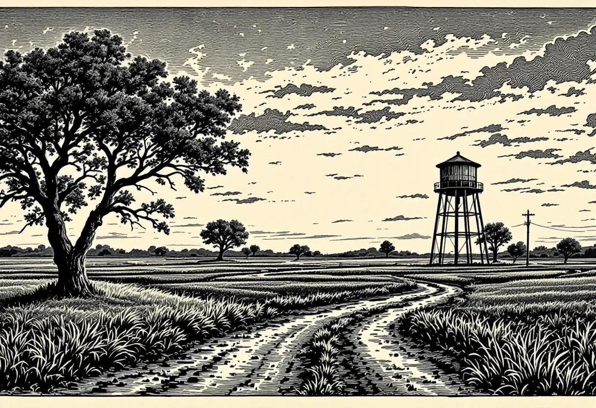 Rural landscape with dirt road, tree, and water tower under a cloudy sky.