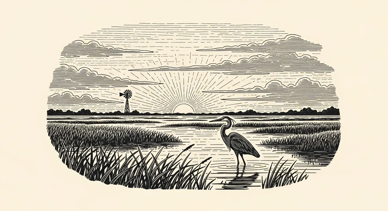 Heron standing in water with sunrise and windmill in background.