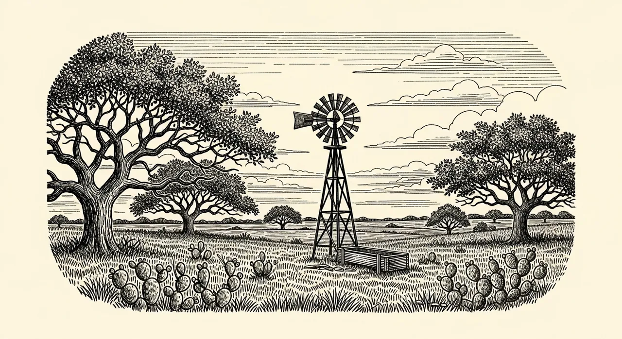 Windmill surrounded by trees and cactus in a grassy landscape under a cloudy sky.