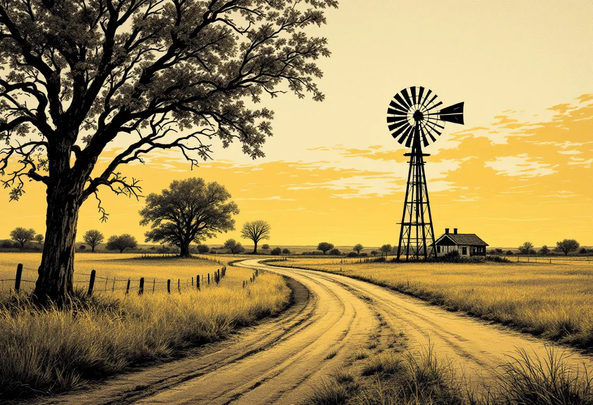 A winding rural road with trees and a windmill under a yellow sky.
