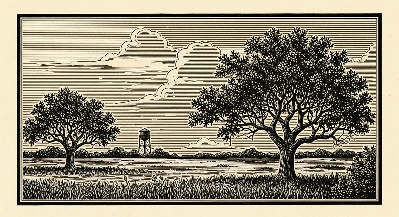 Two trees and a distant water tower under a cloudy sky in a field.