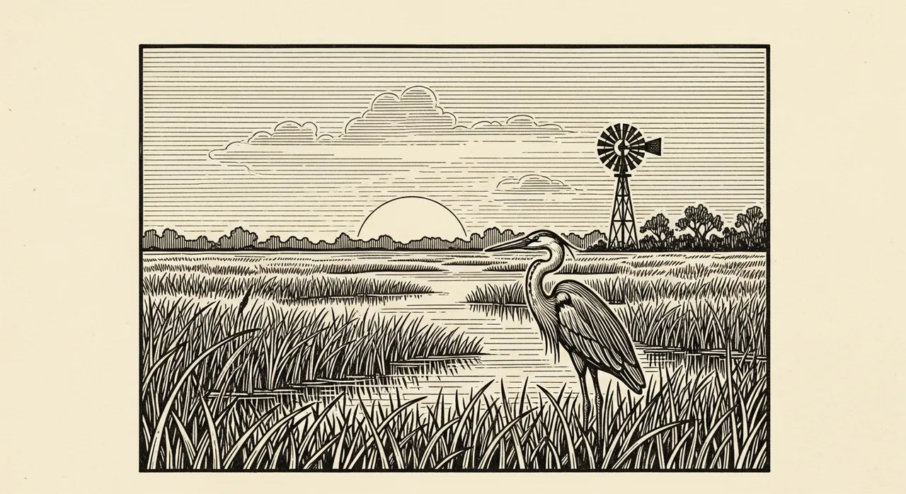 Heron standing in marshland at sunset with a windmill nearby.