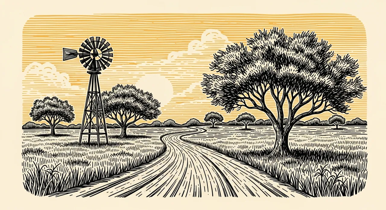 A rural landscape with a windmill, trees, and a winding dirt road at sunset.