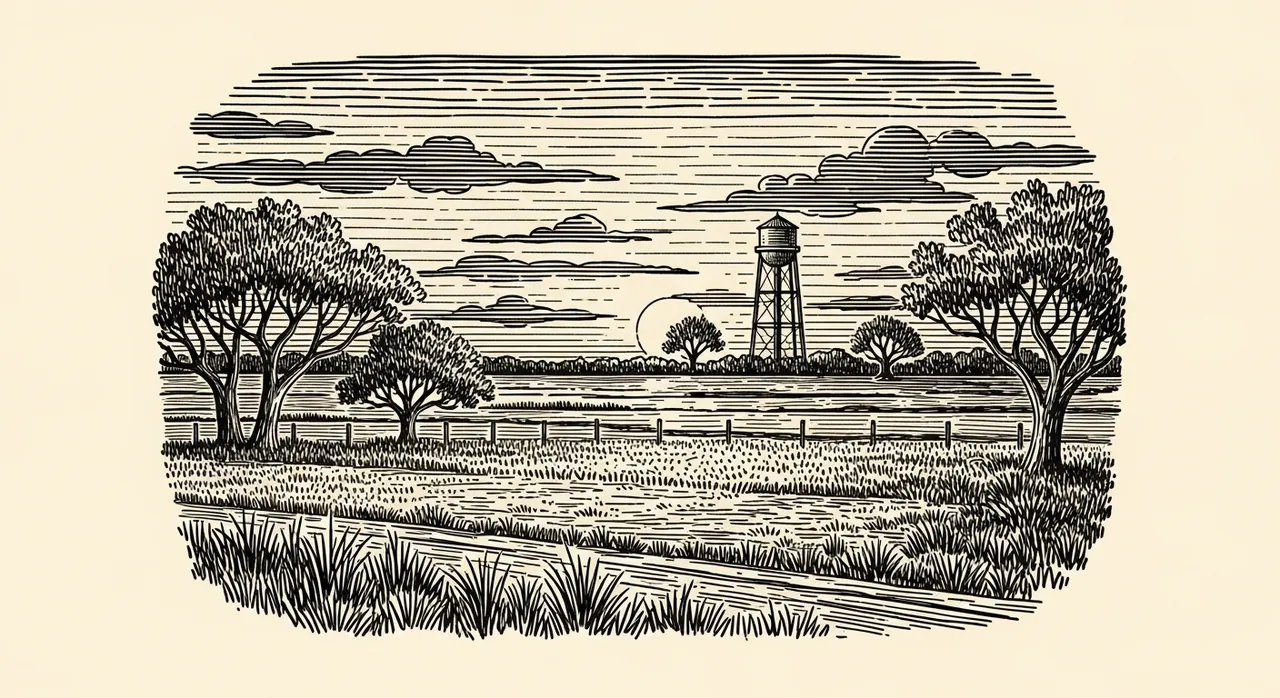 Black and white landscape with trees, water tower, and clouds.