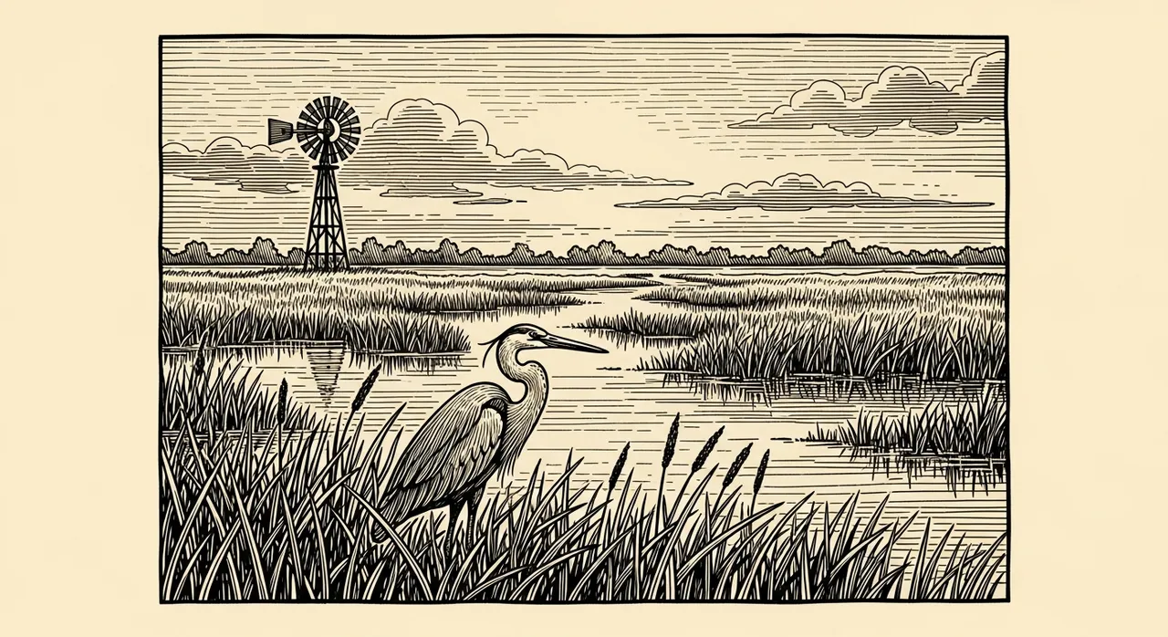 A heron stands in marsh grass, a windmill in the background.