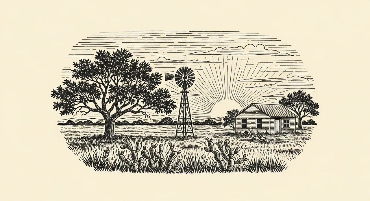 Sunset behind rural house, windmill, tree, and cacti in grassy field.