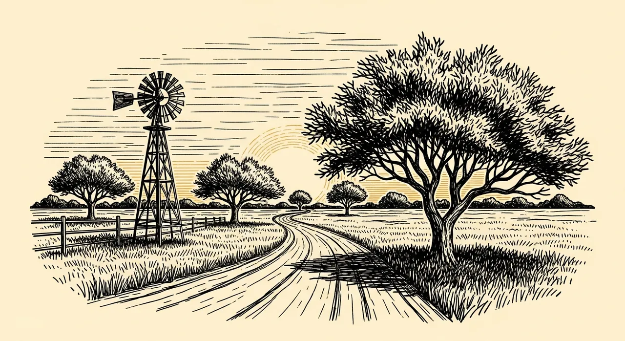 Rural landscape with windmill, dirt road, trees, and sun in the background.