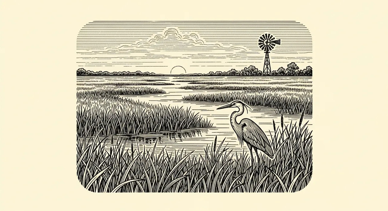 Heron in marshland with a distant windmill and setting sun.
