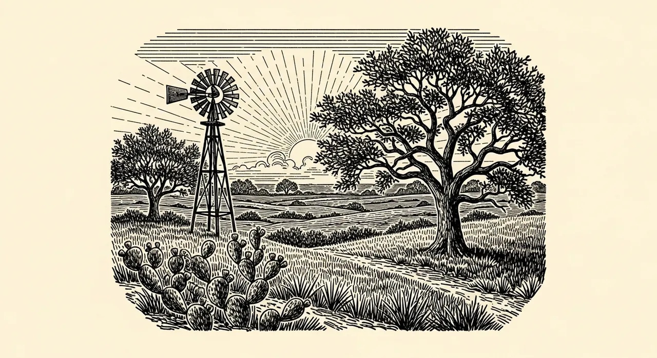 Vintage landscape with windmill, trees, cactus, and sunrise in engraved style.