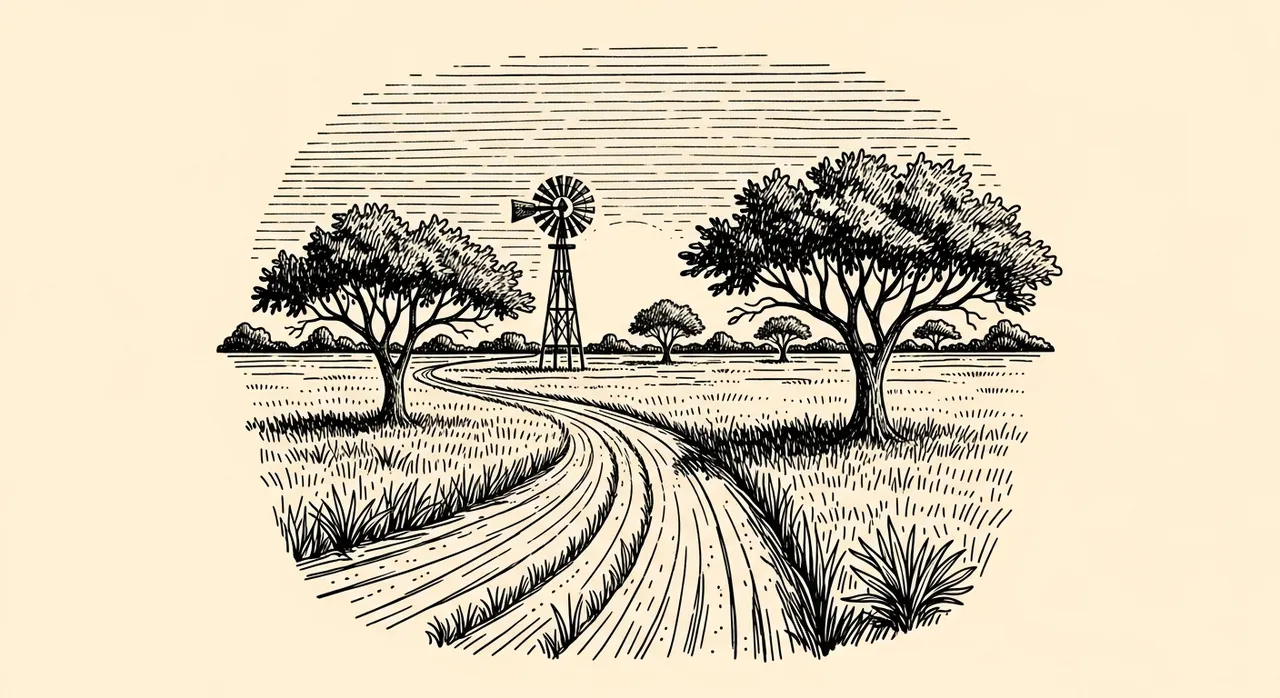 A dirt path winds past trees towards a windmill under a lined sky.