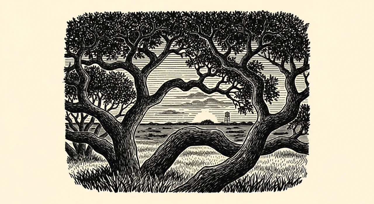 Black and white illustration of trees framing a sunset over fields.