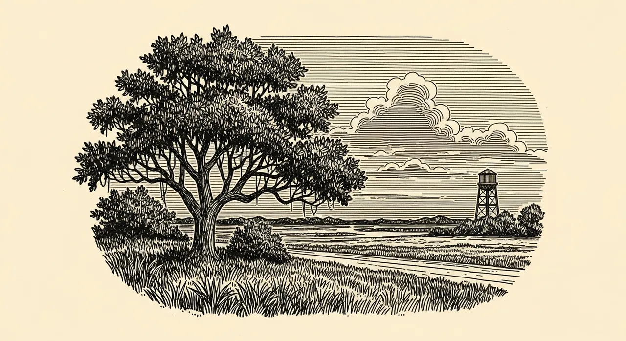 Black-and-white illustration of a tree, grassy field, clouds, and a distant water tower.
