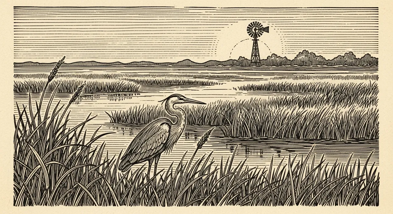 Heron standing in marshland with tall grass and distant windmill at sunset.