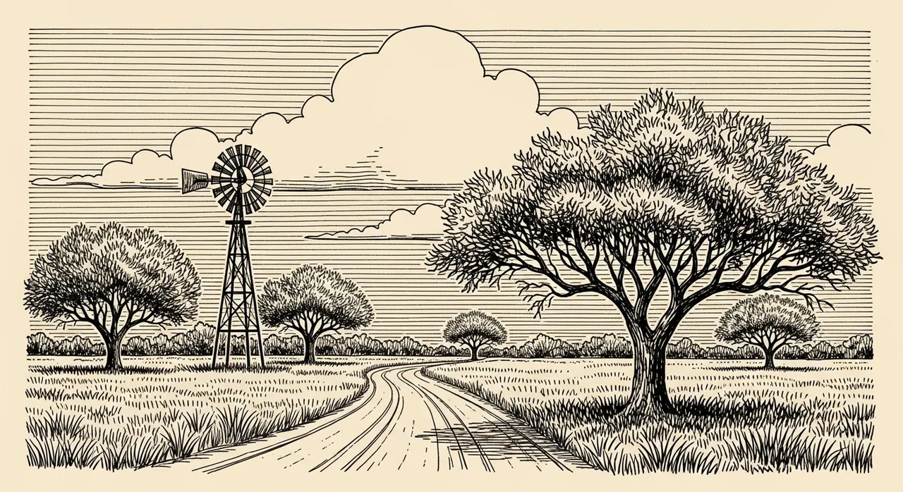 Rural landscape with trees, a windmill, and a winding dirt path.