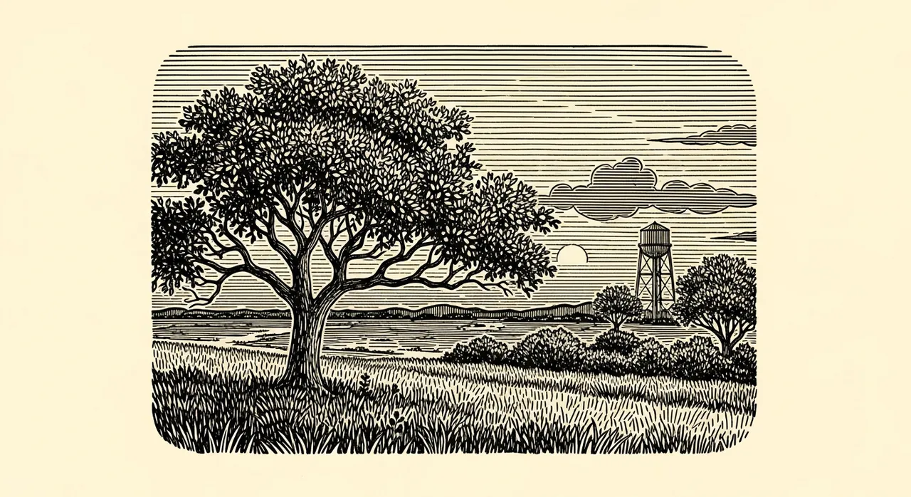 Large tree in foreground, water tower and sun on horizon, clouds in sky.