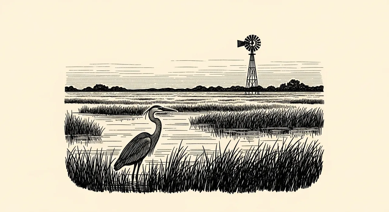 Heron standing in a marsh with a distant windmill.