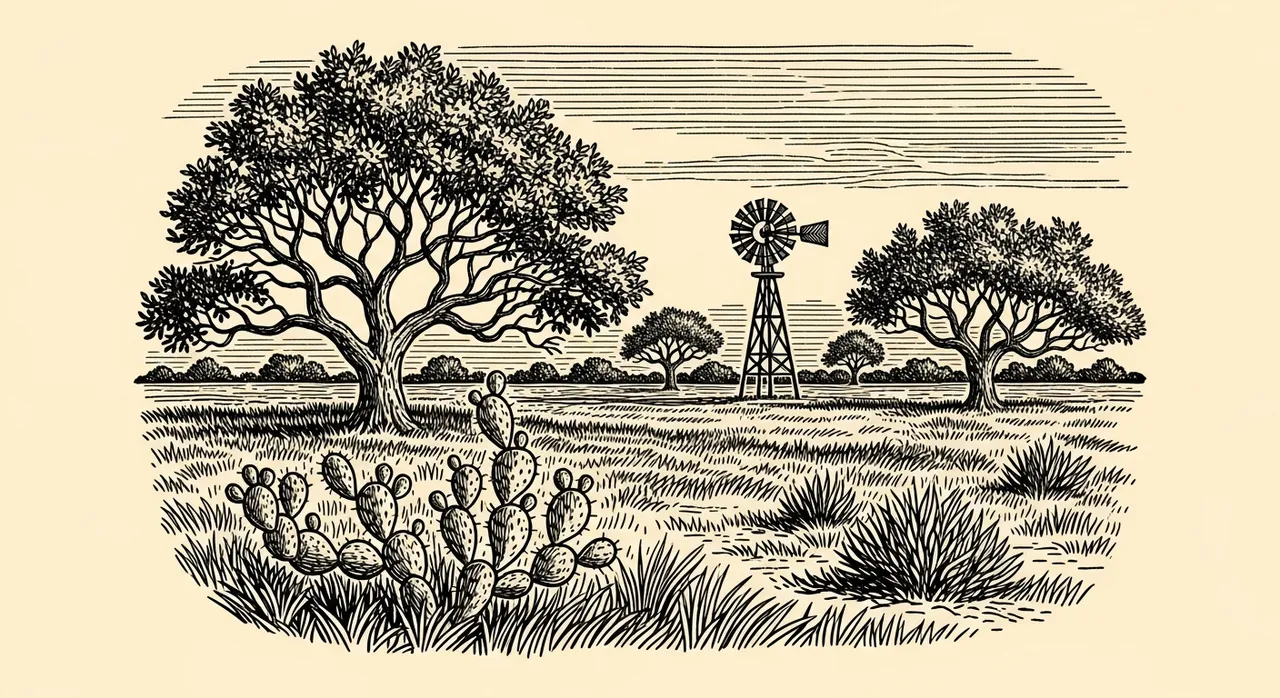 Line art landscape with trees, cactus, grass, and a windmill on a flat terrain.