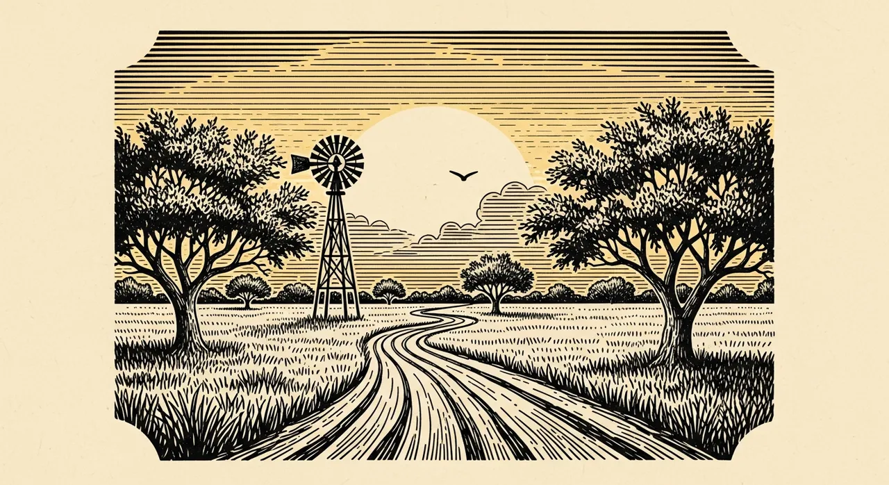 Rural landscape with a winding path, trees, windmill, and a large sun in the background.