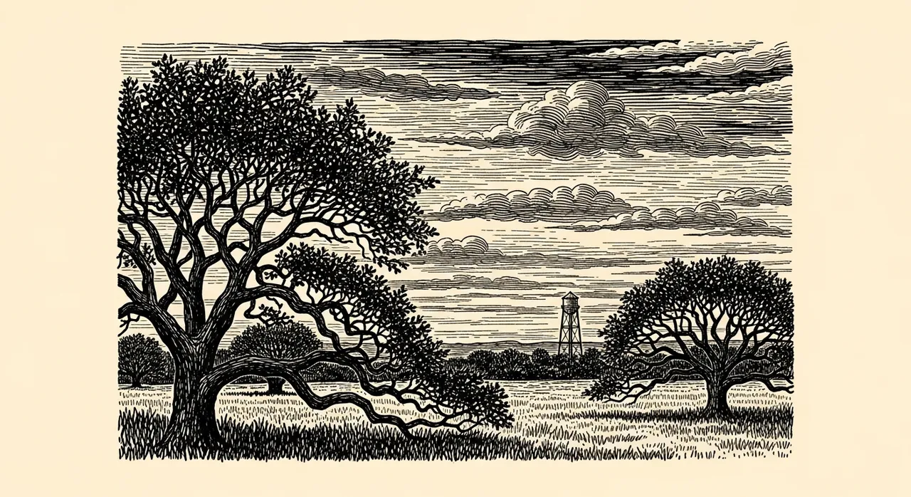 Two trees and water tower under cloudy sky in grassy landscape.