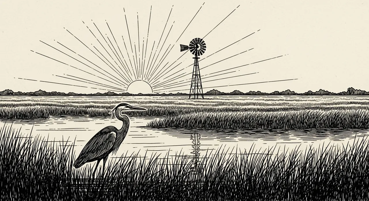 Heron stands by water with rising sun and windmill in background.