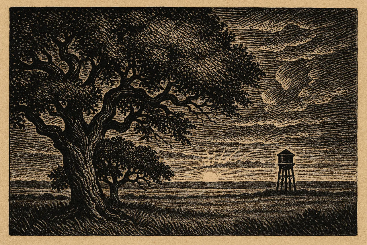 Sunset over a landscape with trees and a water tower.