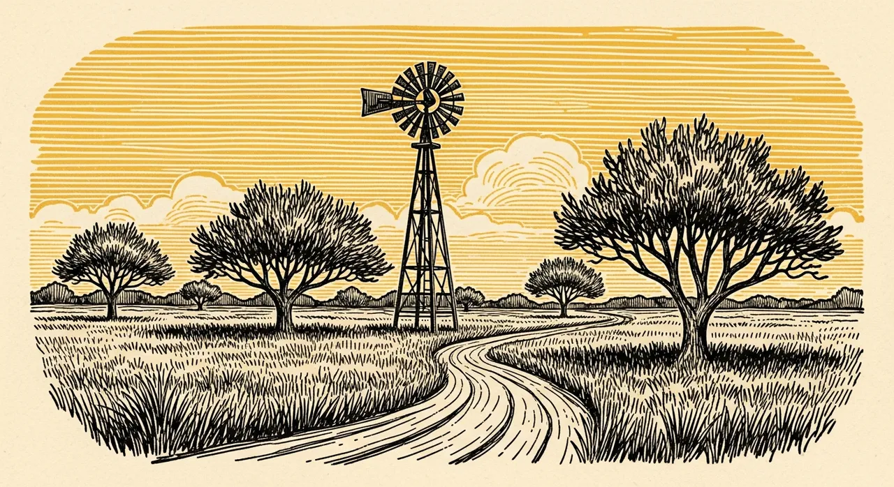A windmill and trees in a field with a winding path.