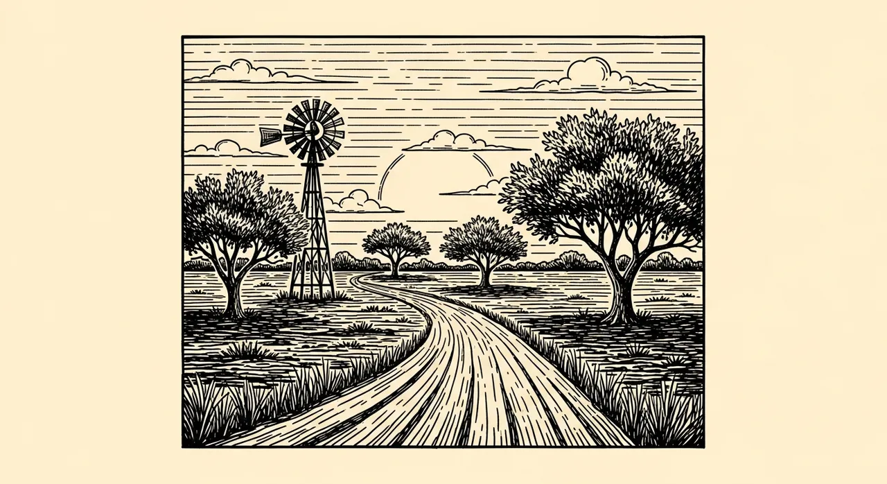 Scenic landscape with windmill, trees, winding path, sunrise, and clouds.