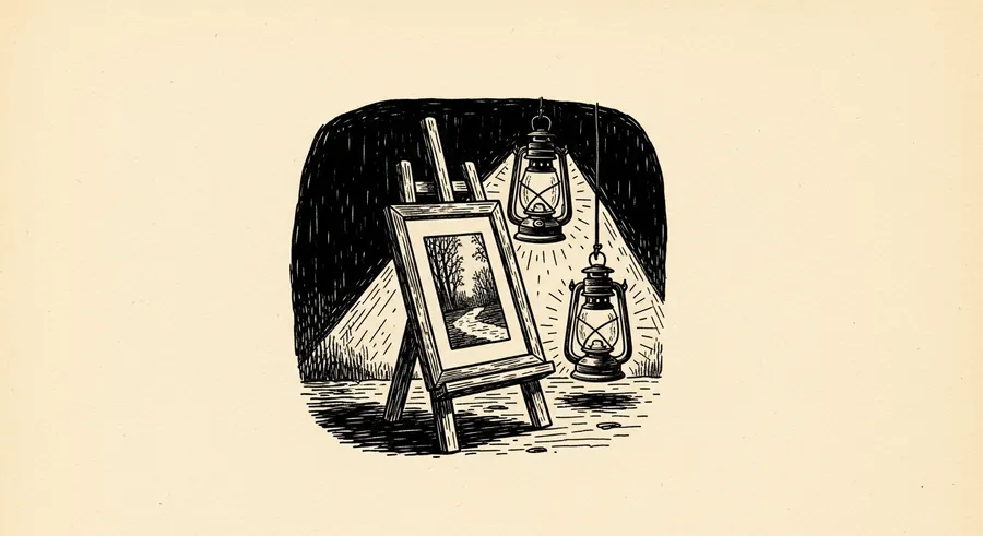 Framed landscape painting on easel with two vintage lanterns.