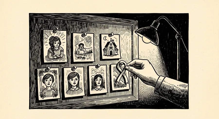 Six tactile photographs under a lamp with a hand holding a ribbon.