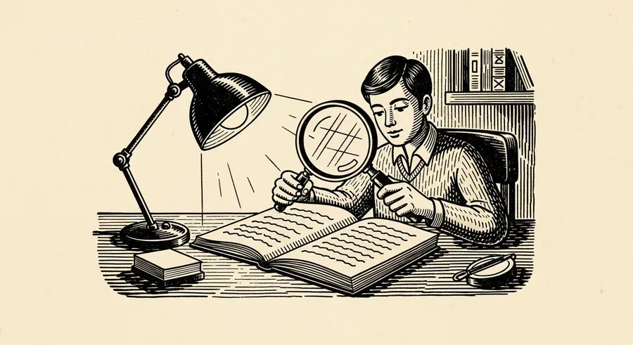 Person examines open book with magnifying glass at desk.