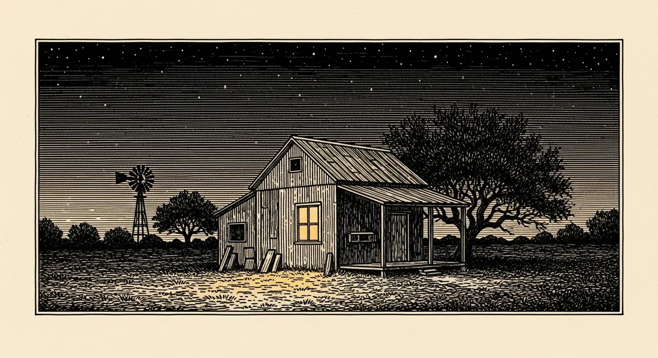 A rustic cabin with a lit window under a starry sky beside trees and a windmill.