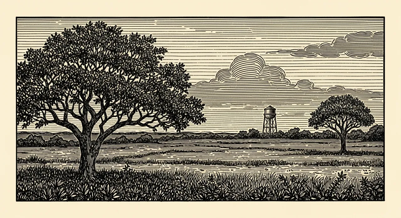 Two trees in a grassy field, with a water tower and clouds in the background.