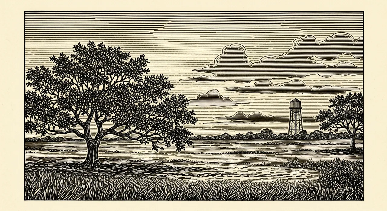 Landscape with trees, water, clouds, and a distant water tower.