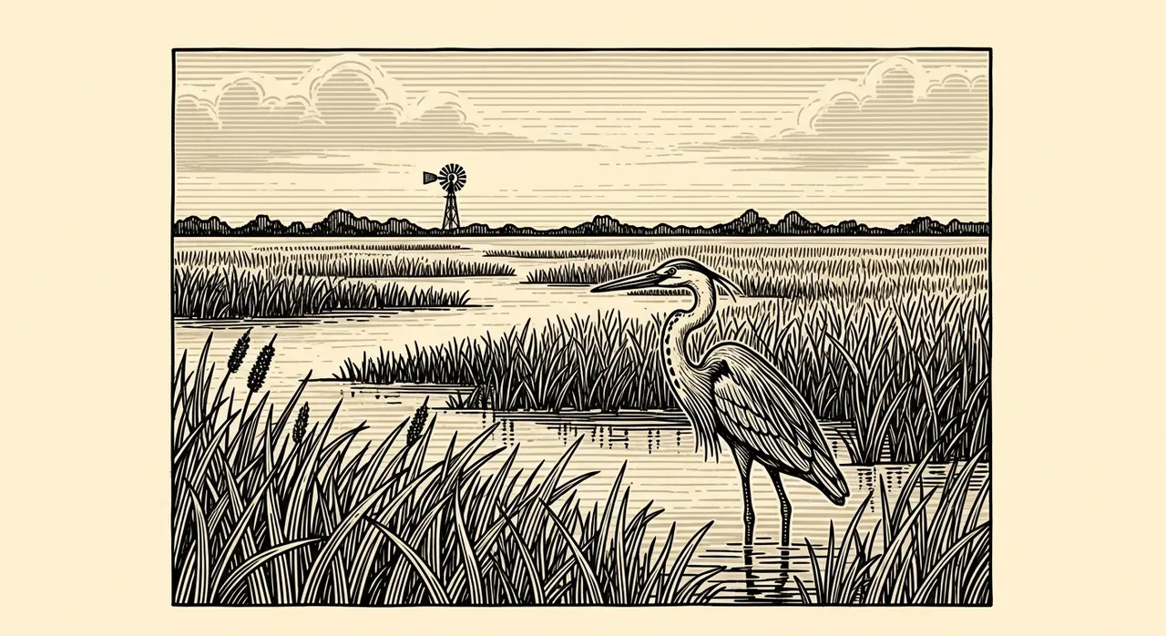 A heron stands in wetlands with grass and a distant windmill under cloudy skies.