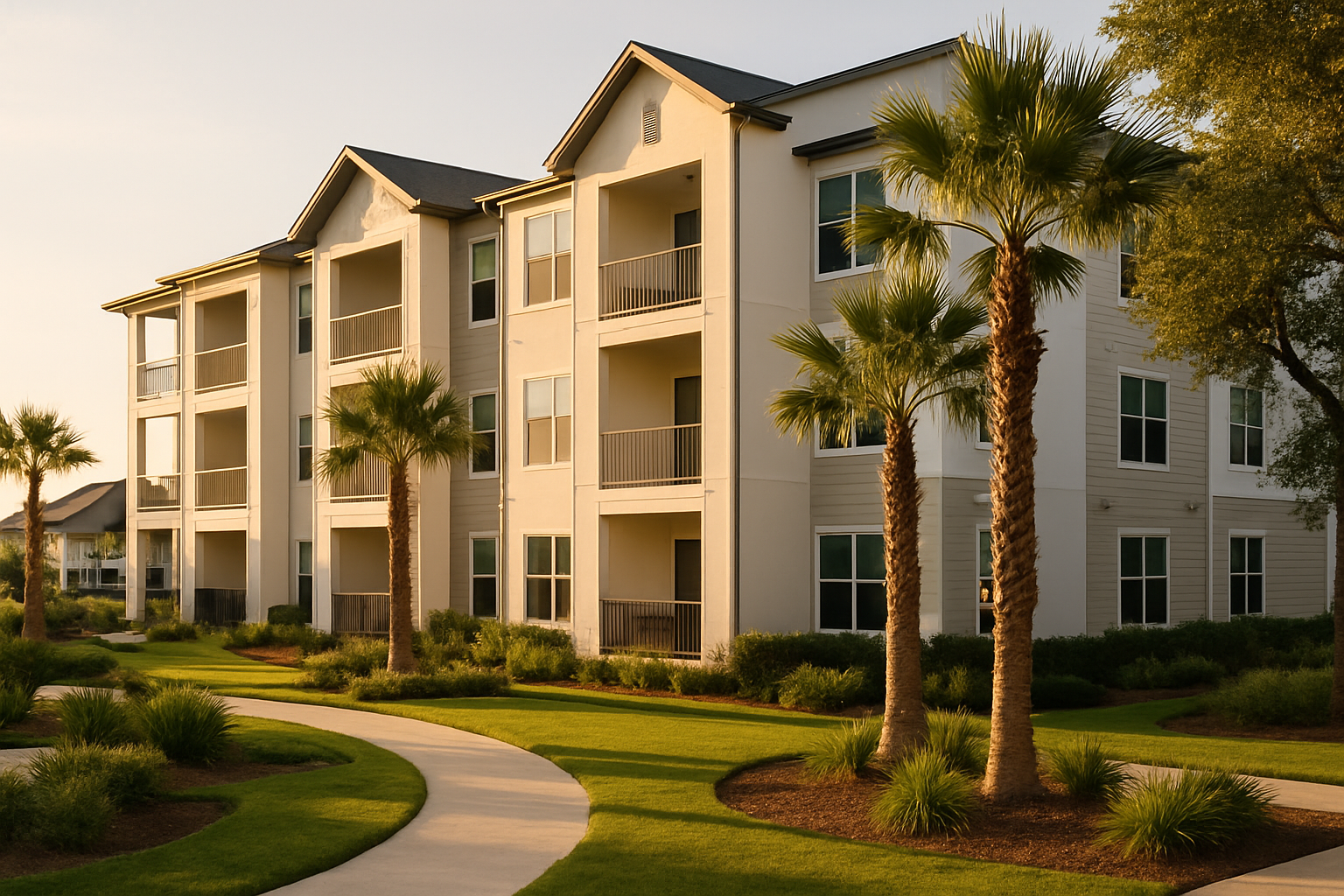Modern Coastal Bend apartment community exterior with landscaped courtyard, palm trees, and clean architectural lines at golden hour.
