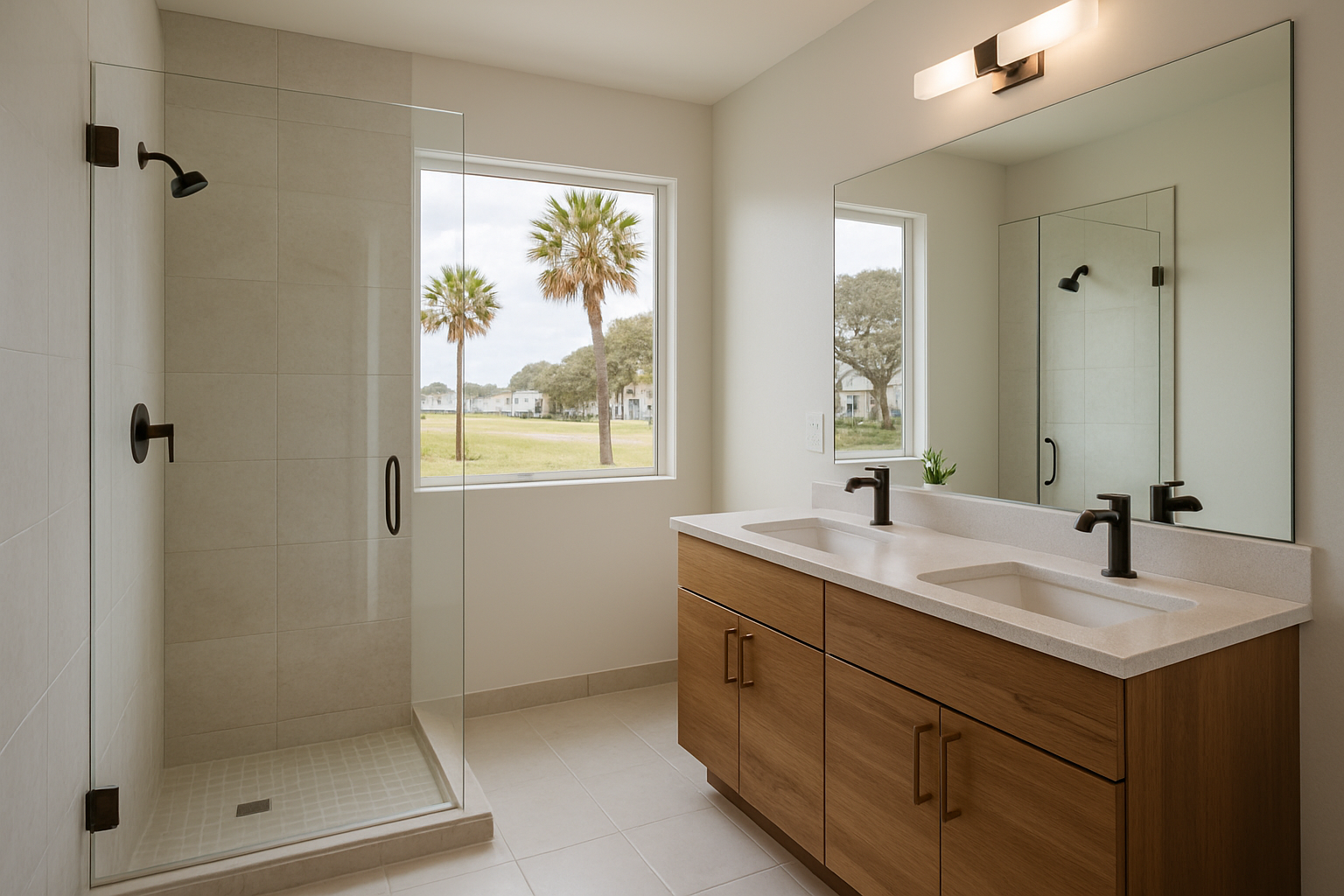 Modern bathroom with walk-in shower and double vanity