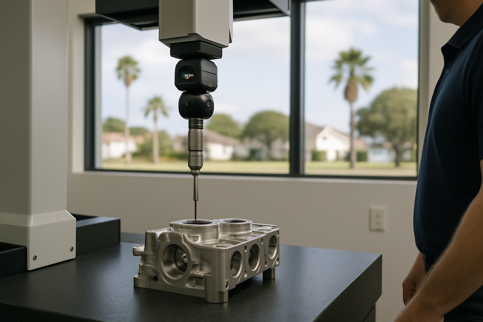 Bridge-style coordinate measuring machine probing a precision machined metal part inside a clean, well-lit inspection lab.