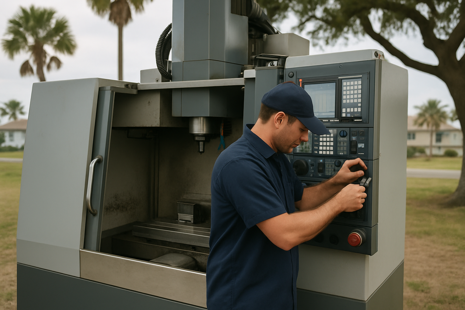 Technician servicing a CNC machine