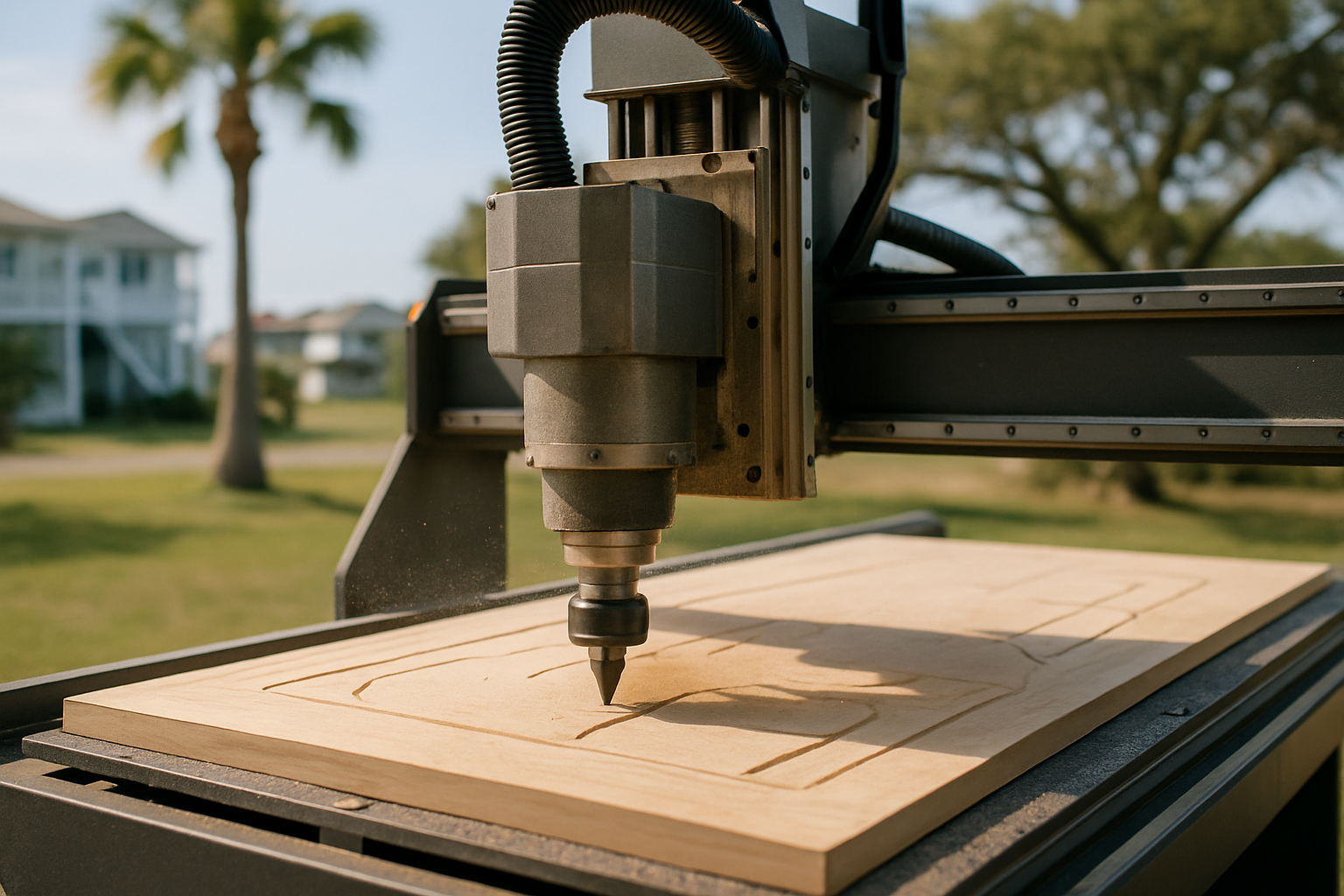 CNC router cutting a wooden panel